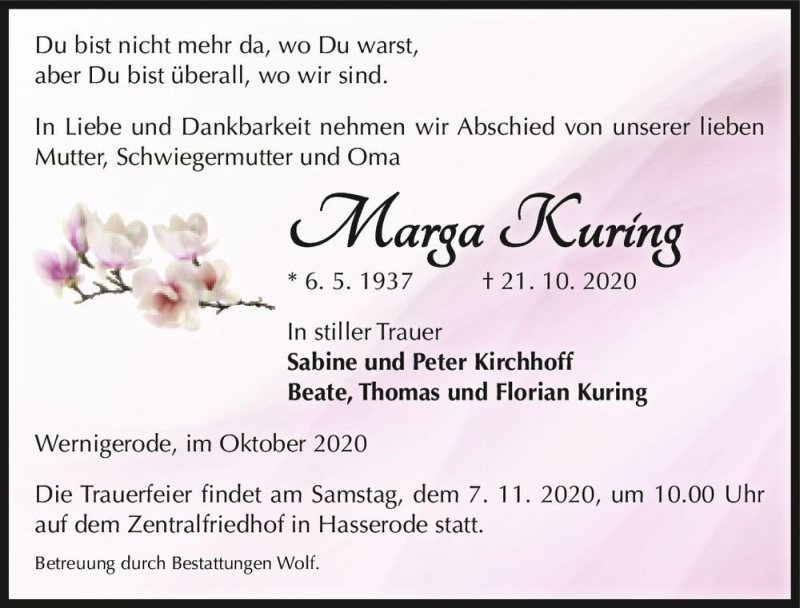  Traueranzeige für Marga Kuring  vom 30.10.2020 aus Magdeburger Volksstimme