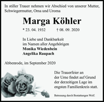 Traueranzeige von Marga Köhler  von Magdeburger Volksstimme