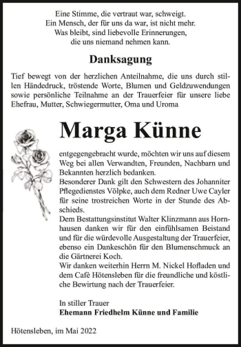 Traueranzeige von Marga Künne  von Magdeburger Volksstimme