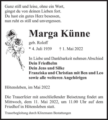 Traueranzeige von Marga Künne (geb. Roloff)  von Magdeburger Volksstimme