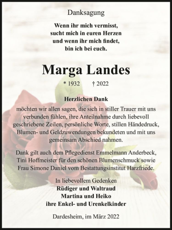 Traueranzeige von Marga Landes  von Magdeburger Volksstimme