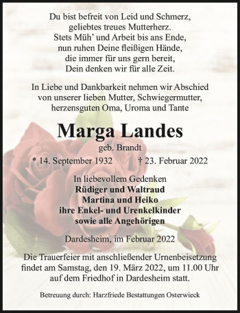 Traueranzeige von Marga Landes (geb. Brandt)  von Magdeburger Volksstimme