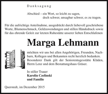 Traueranzeige von Marga Lehmann  von Magdeburger Volksstimme