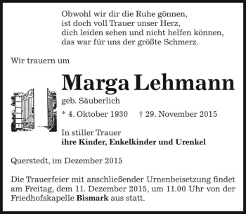 Traueranzeige von Marga Lehmann (geb. Säuberlich)  von Magdeburger Volksstimme