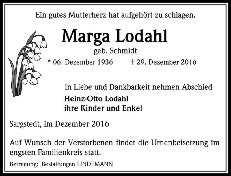  Traueranzeige für Marga Lodahl (geb. Schmidt)  vom 07.01.2017 aus Magdeburger Volksstimme