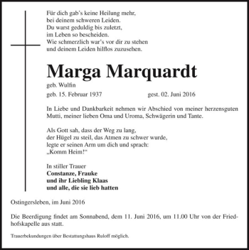 Traueranzeige von Marga Marquardt (geb. Wulfin)  von Magdeburger Volksstimme