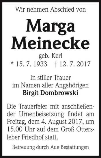 Traueranzeige von Marga Meinecke (geb. Kerl)  von Magdeburger Volksstimme