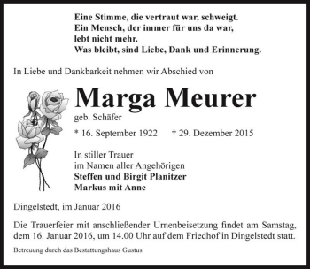 Traueranzeige von Marga Meurer (geb. Schäfer)  von Magdeburger Volksstimme