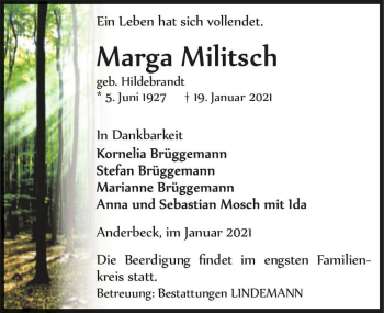 Traueranzeige von Marga Militsch (geb. Hildebrandt)  von Magdeburger Volksstimme