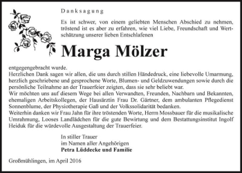 Traueranzeige von Marga Mölzer  von Magdeburger Volksstimme