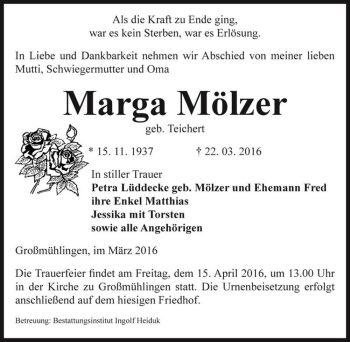 Traueranzeige von Marga Mölzer (geb. Teichert)  von Magdeburger Volksstimme
