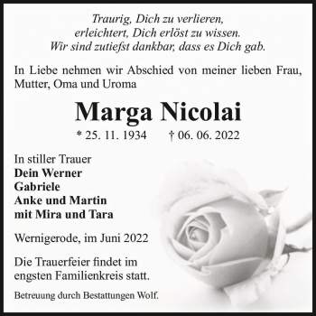 Traueranzeige von Marga Nicolai  von Magdeburger Volksstimme