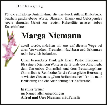 Traueranzeige von Marga Niemann  von Magdeburger Volksstimme