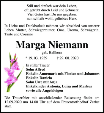 Traueranzeige von Marga Niemann (geb. Ballhorn)  von Magdeburger Volksstimme