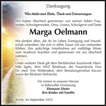 Traueranzeige von Marga Oelmann  von Magdeburger Volksstimme