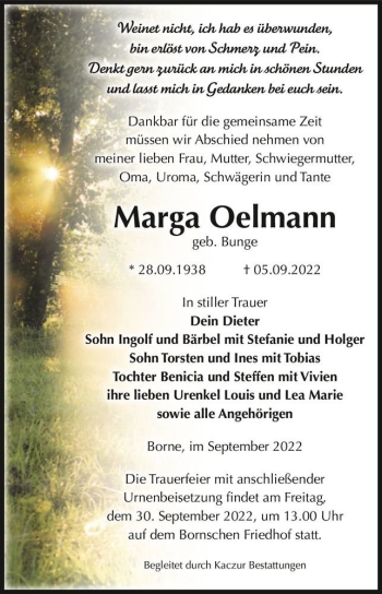 Traueranzeige von Marga Oelmann (geb. Bunge)  von Magdeburger Volksstimme