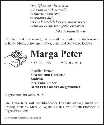 Traueranzeige von Marga Peter  von Magdeburger Volksstimme
