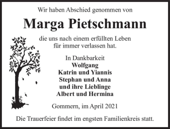 Traueranzeige von Marga Pietschmann  von Magdeburger Volksstimme