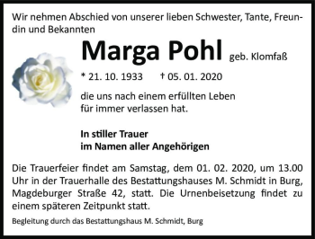 Traueranzeige von Marga Pohl (geb. Klomfaß)  von Magdeburger Volksstimme