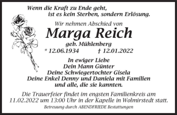 Traueranzeige von Marga Reich (geb. Mühlenberg)  von Magdeburger Volksstimme