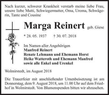 Traueranzeige von Marga Reinert (geb. Giese)  von Magdeburger Volksstimme