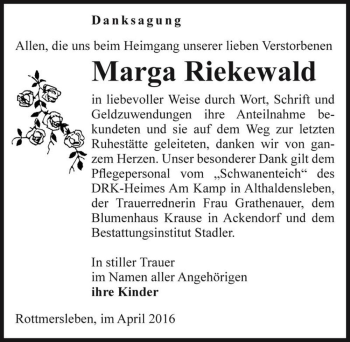 Traueranzeige von Marga Riekewald  von Magdeburger Volksstimme