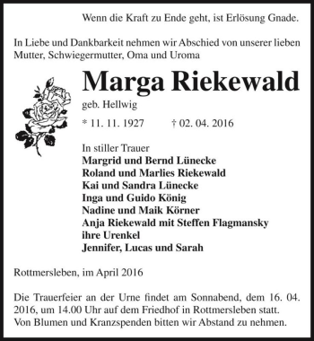 Traueranzeige von Marga Riekewald (geb. Hellwig)  von Magdeburger Volksstimme