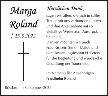 Traueranzeige von Marga Roland  von Magdeburger Volksstimme