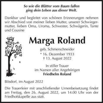Traueranzeige von Marga Roland (geb. Schmerschneider)  von Magdeburger Volksstimme