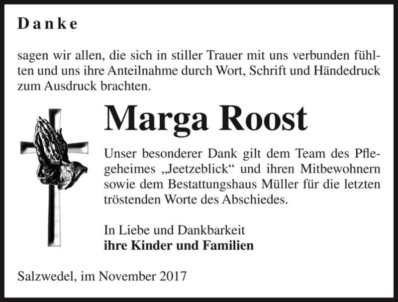  Traueranzeige für Marga Roost  vom 10.11.2017 aus Magdeburger Volksstimme