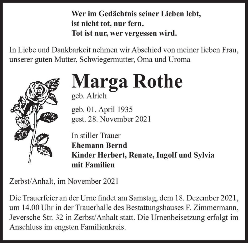  Traueranzeige für Marga Rothe (geb. Alrich)  vom 04.12.2021 aus Magdeburger Volksstimme