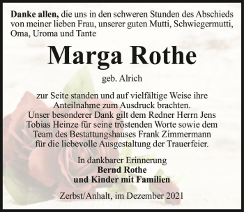Traueranzeige von Marga Rothe (geb. Alrich)  von Magdeburger Volksstimme