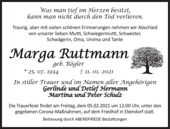 Traueranzeige von Marga Ruttmann (geb. Rögler)  von Magdeburger Volksstimme