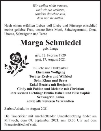 Traueranzeige von Marga Schmiedel (geb. Lange)  von Magdeburger Volksstimme
