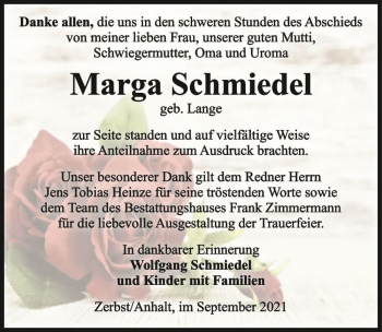 Traueranzeige von Marga Schmiedel (geb. Lange)  von Magdeburger Volksstimme