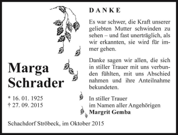 Traueranzeige von Marga Schrader  von Magdeburger Volksstimme