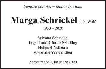 Traueranzeige von Marga Schrickel (geb. Wolf)  von Magdeburger Volksstimme