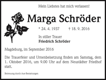 Traueranzeige von Marga Schröder  von Magdeburger Volksstimme