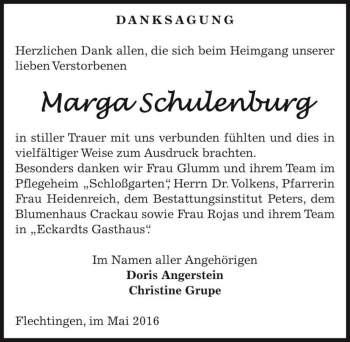 Traueranzeige von Marga Schulenburg  von Magdeburger Volksstimme