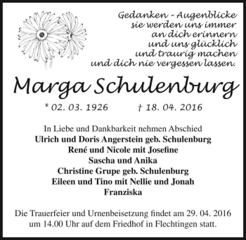 Traueranzeige von Marga Schulenburg  von Magdeburger Volksstimme