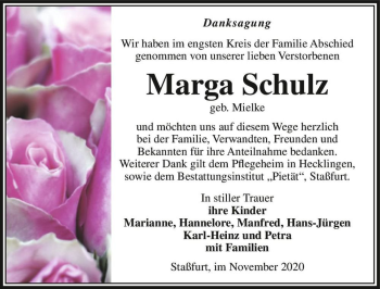 Traueranzeige von Marga Schulz (geb. Mielke)  von Magdeburger Volksstimme