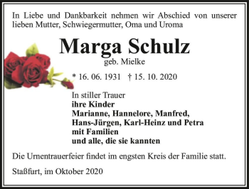 Traueranzeige von Marga Schulz (geb. Mielke)  von Magdeburger Volksstimme