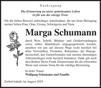 Traueranzeige von Marga Schumann  von Magdeburger Volksstimme