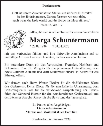 Traueranzeige von Marga Schuntermann  von Magdeburger Volksstimme