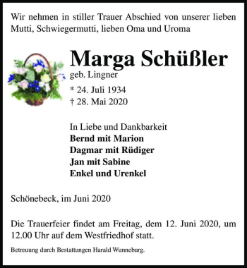 Traueranzeige von Marga Schüßler (geb. Lingner)  von Magdeburger Volksstimme