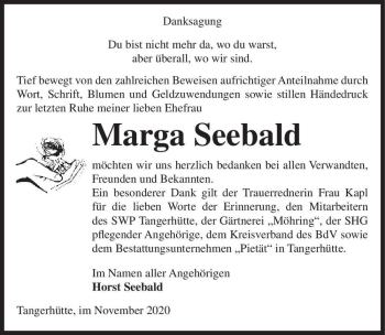 Traueranzeige von Marga Seebald  von Magdeburger Volksstimme