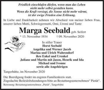 Traueranzeige von Marga Seebald (geb. Seifert)  von Magdeburger Volksstimme