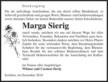 Traueranzeige von Marga Sierig  von Magdeburger Volksstimme
