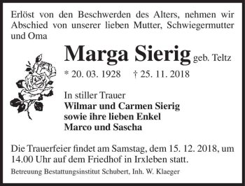 Traueranzeige von Marga Sierig (geb. Teltz)  von Magdeburger Volksstimme