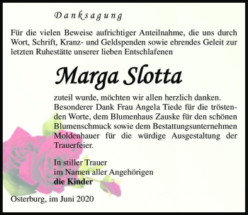 Traueranzeige von Marga Slotta  von Magdeburger Volksstimme